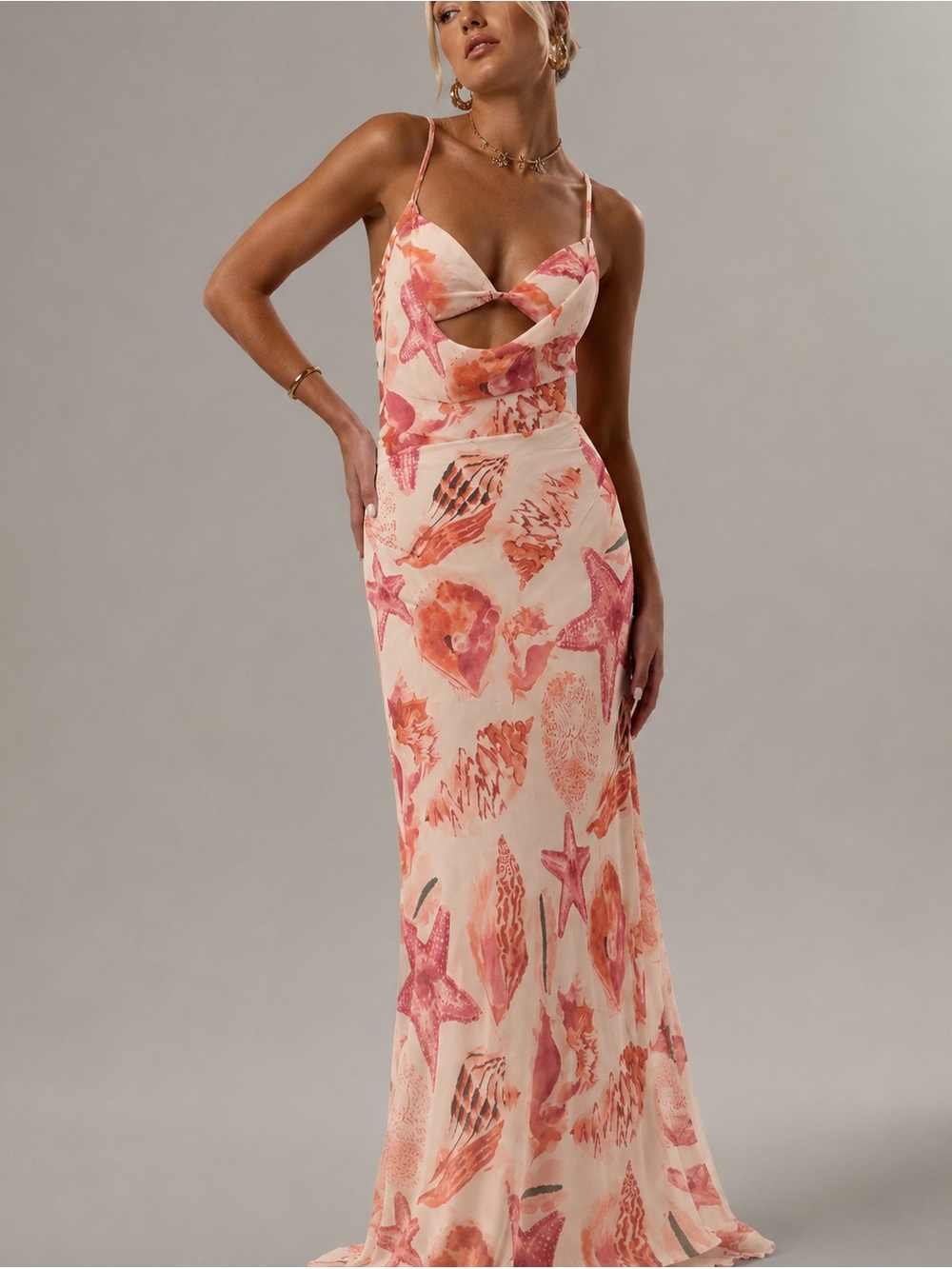 Pink Seashell Print Cutout Maxi Dress